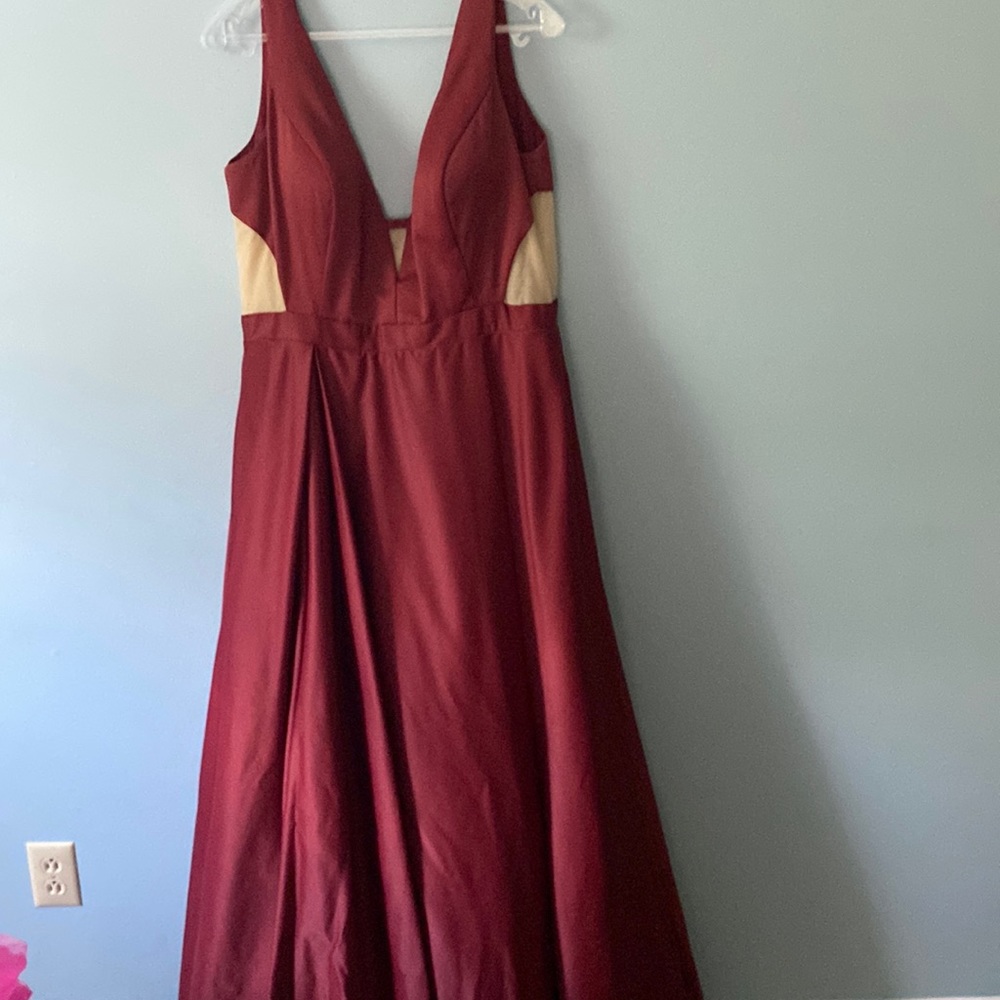 Deep Red Gown with V Neckline Jovani Floor Length Formal Evening Prom Dress